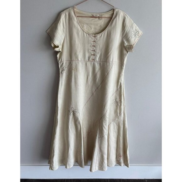 J.Jill Womens Crochet Short Slevee 100% Linen Long Embroidered Dress Beige Sz L - Picture 1 of 14